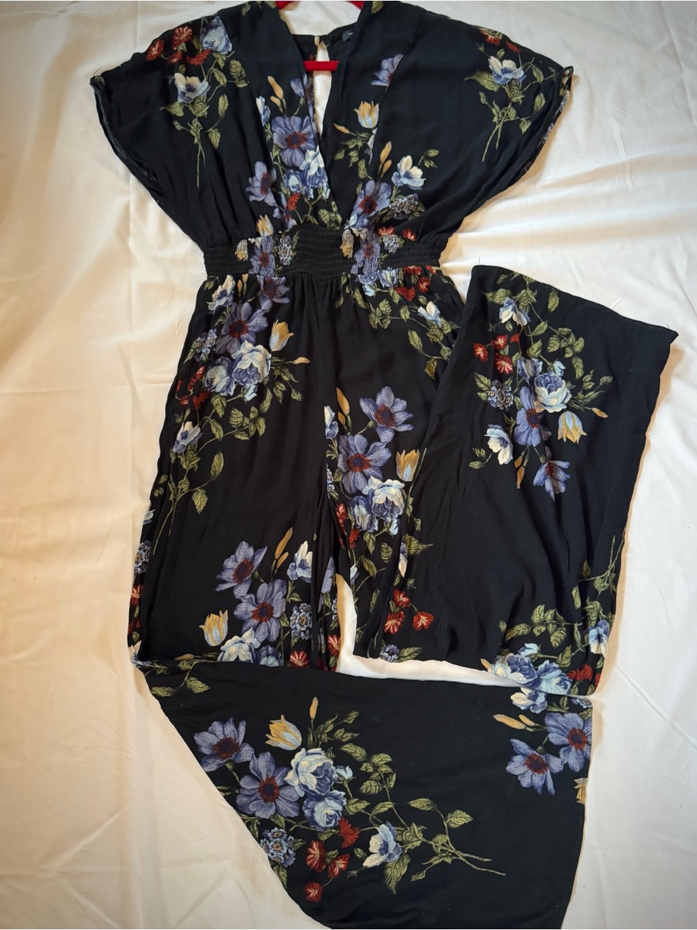 American Eagle Outfitters Black Floral V-Neck Wide-Leg Jumpsuit